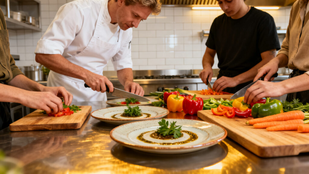 Atelier cuisine en équipe avec chef animateur et dégustation