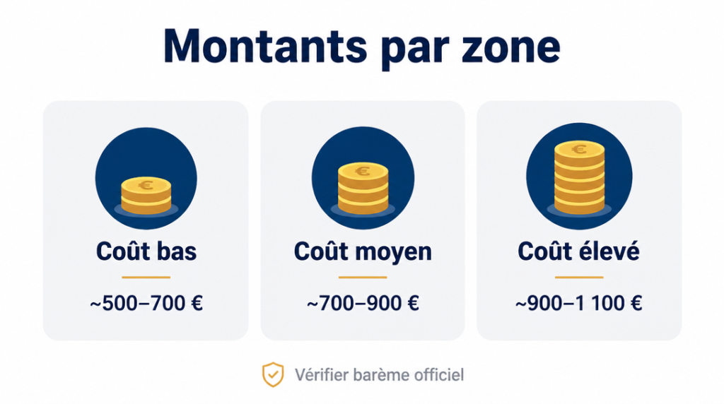 Bourse mensuelle par zone de coût de vie, ordres de grandeur