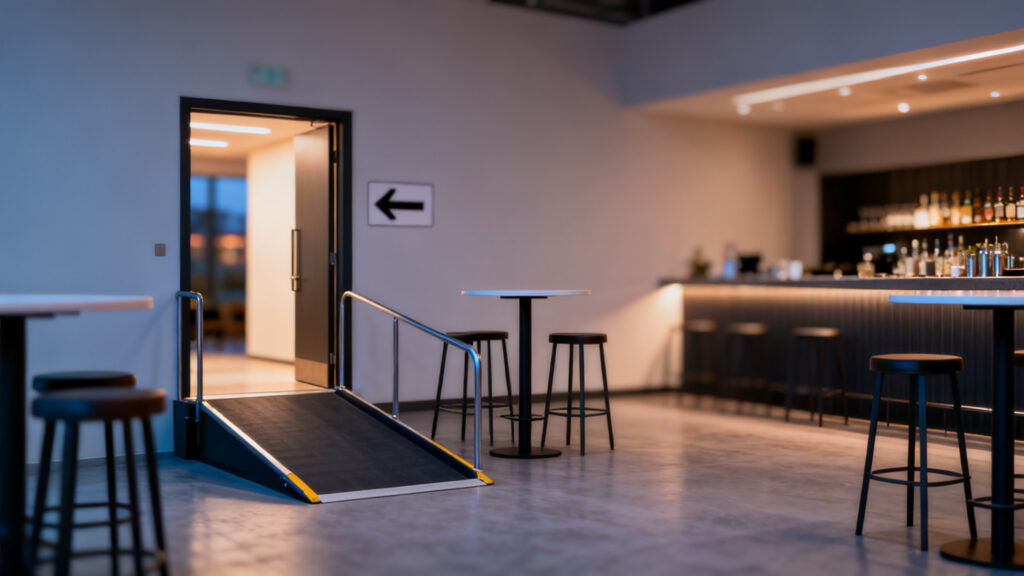 Espace d’afterwork avec rampe PMR et circulation aisée