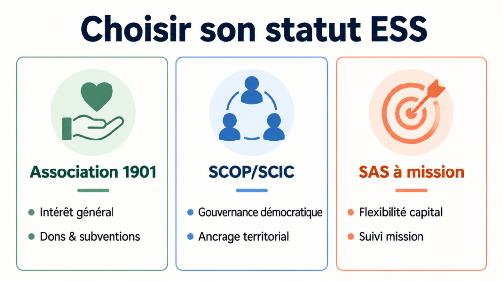 Schéma comparant association, SCOP-SCIC et société à mission