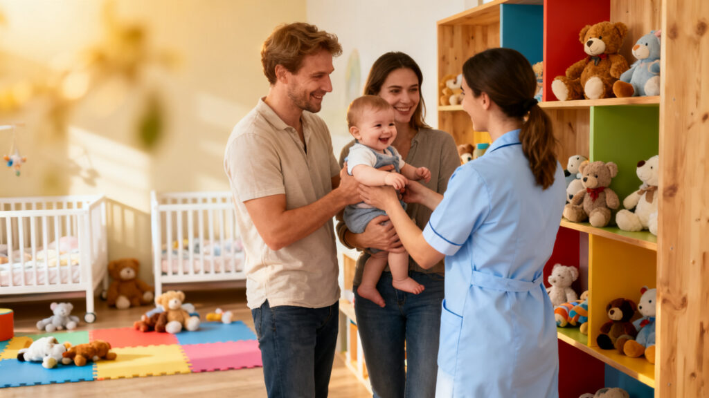 Parents en crèche discutant du PSU CAF et du CMG structure