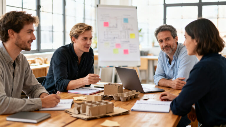 Équipe d’entrepreneurs sociaux en réunion stratégique