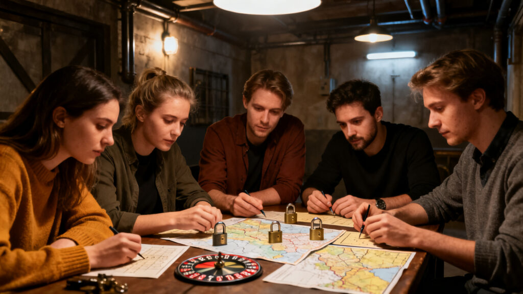 Équipe en escape game entreprise, coopération et logique