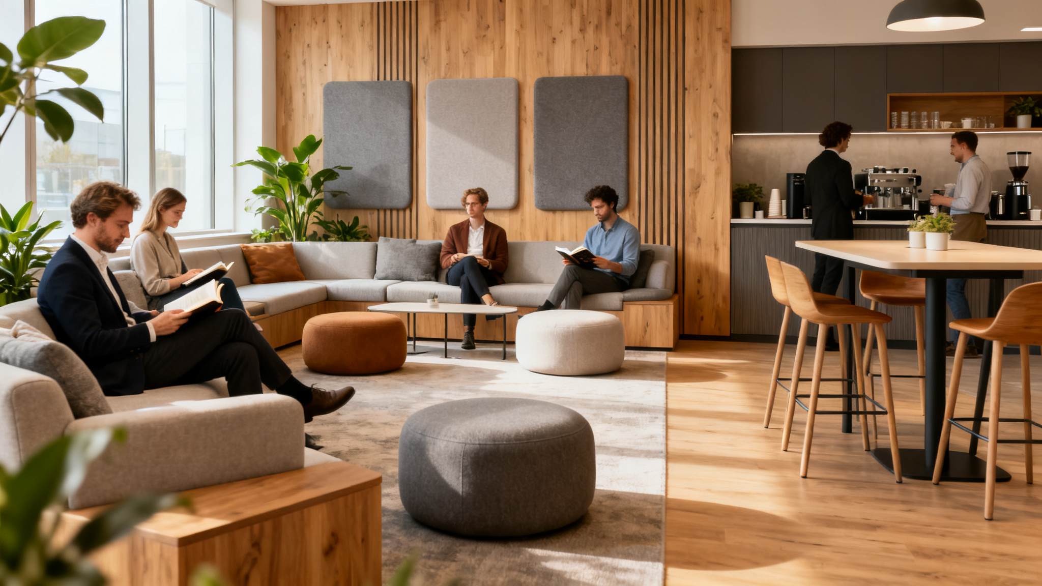 Espace détente en entreprise avec coin café, assises et plantes