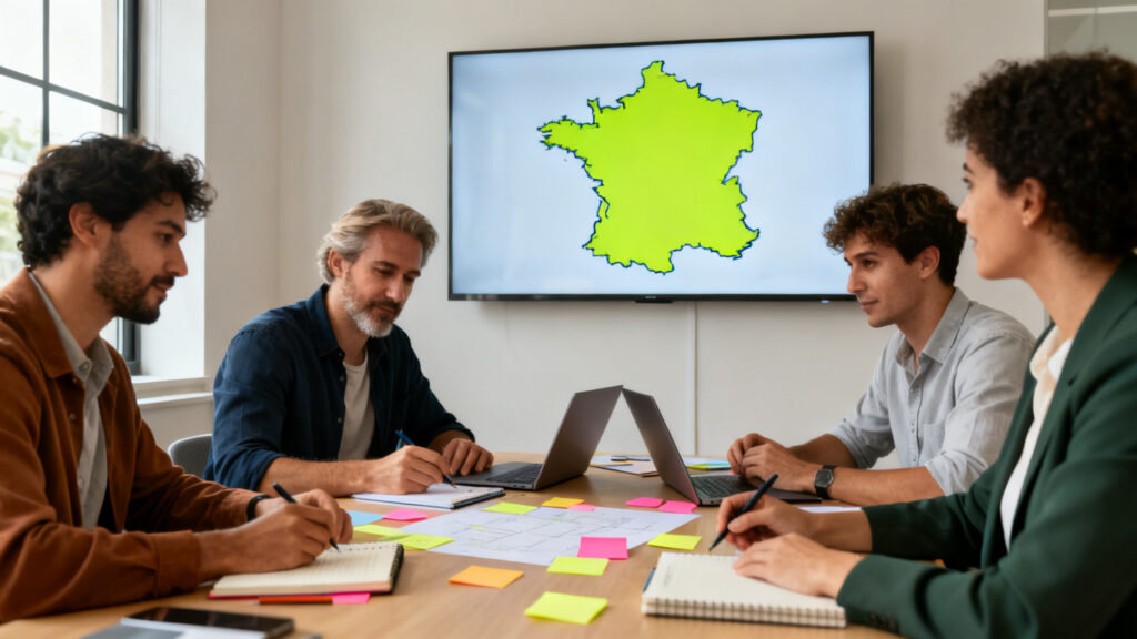 Équipe TPE-PME préparant un dossier d’aide francilien