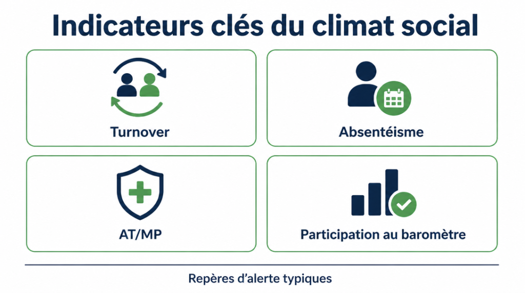 Indicateurs RH clés : turnover, absentéisme, AT/MP, participation