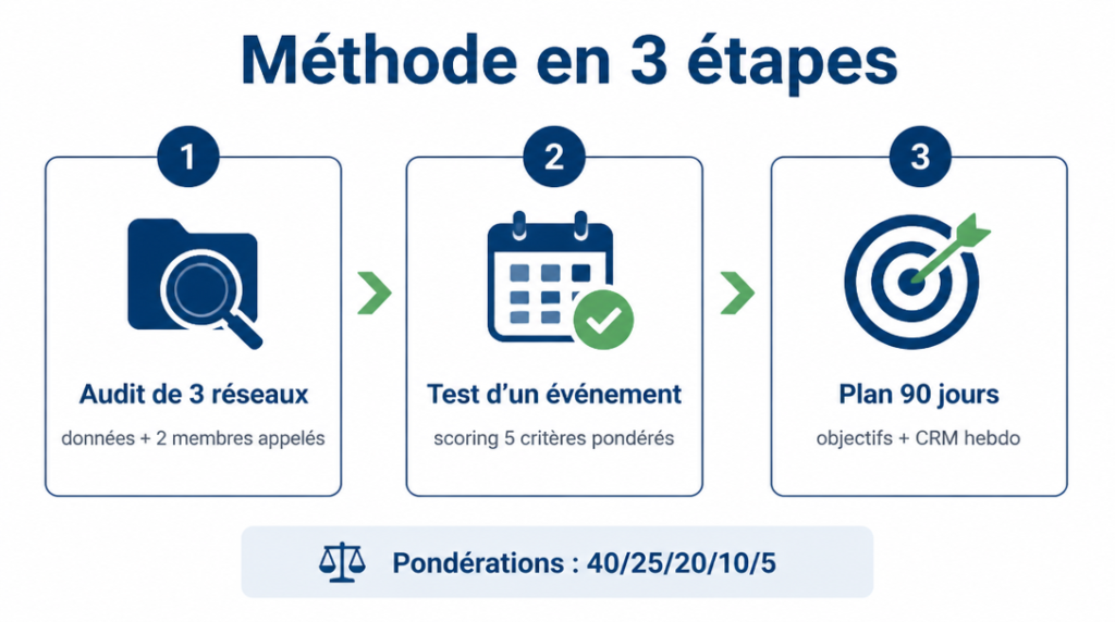 Schéma des 3 étapes pour choisir et lancer son réseau