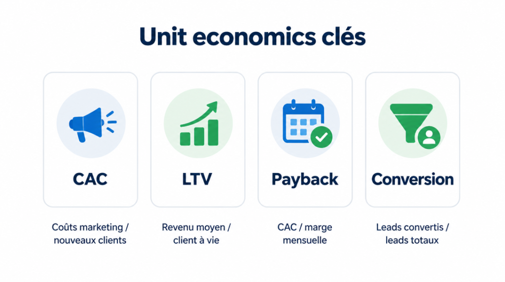 Infographie CAC LTV payback et taux de conversion du funnel