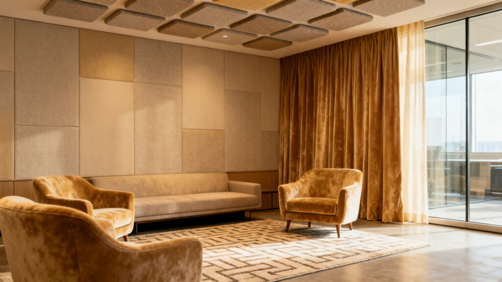Isolation acoustique bureaux avec panneaux et rideaux