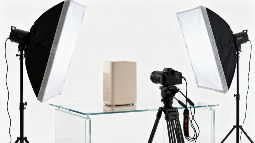 Packshot produit e‑commerce sur fond blanc avec reflet
