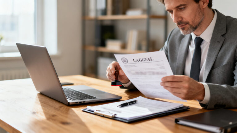 Dirigeant vérifiant la raison sociale d'entreprise sur documents