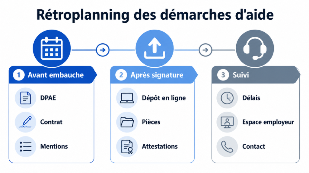 Frise des étapes DPAE, dépôt en ligne et suivi