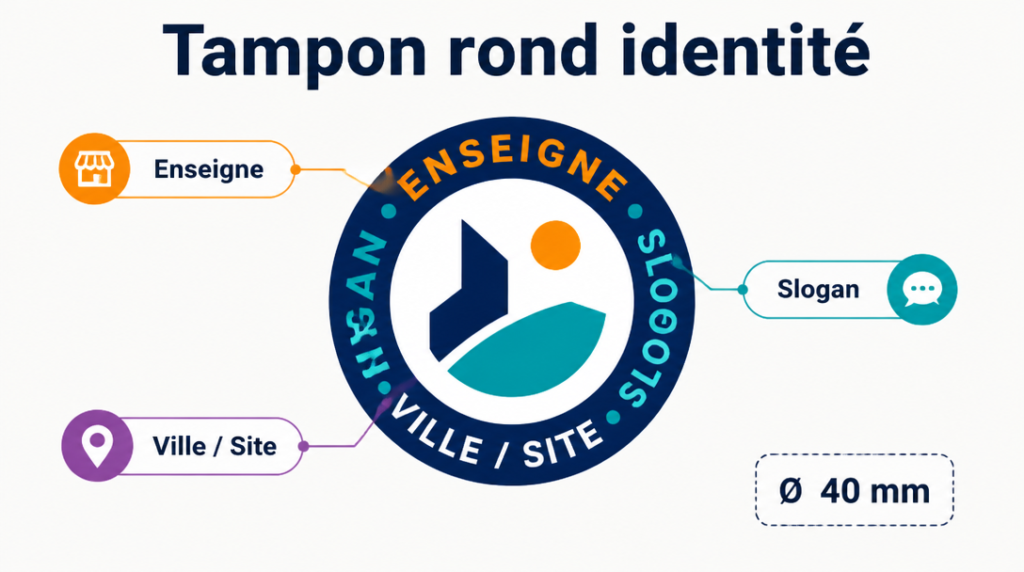 Schéma tampon rond identité et slogan diamètre 40 mm