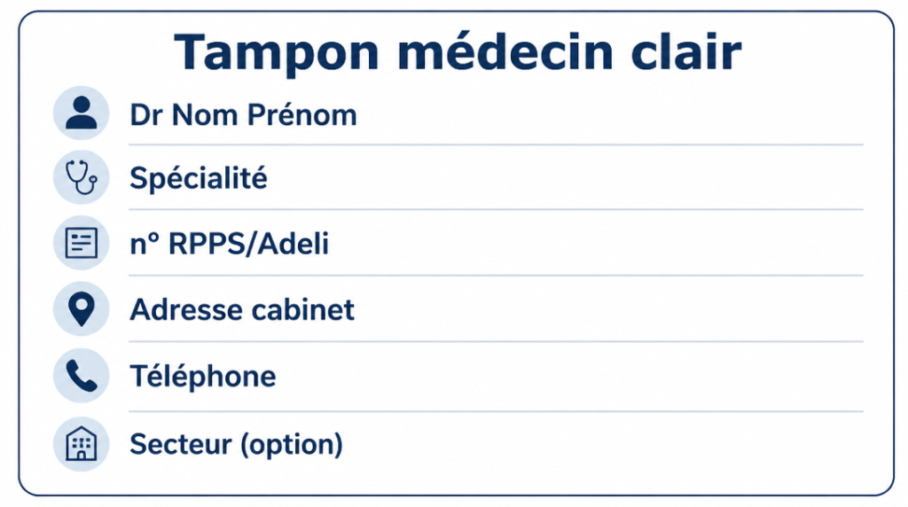 Schéma tampon médecin n° RPPS et spécialité lisibles