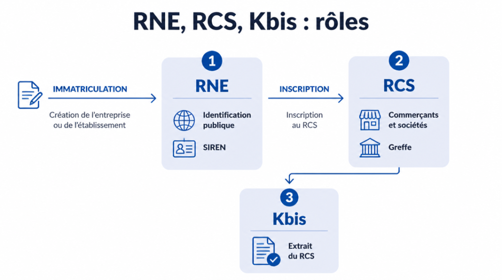 Schéma rôles et liens entre RNE, RCS et Kbis