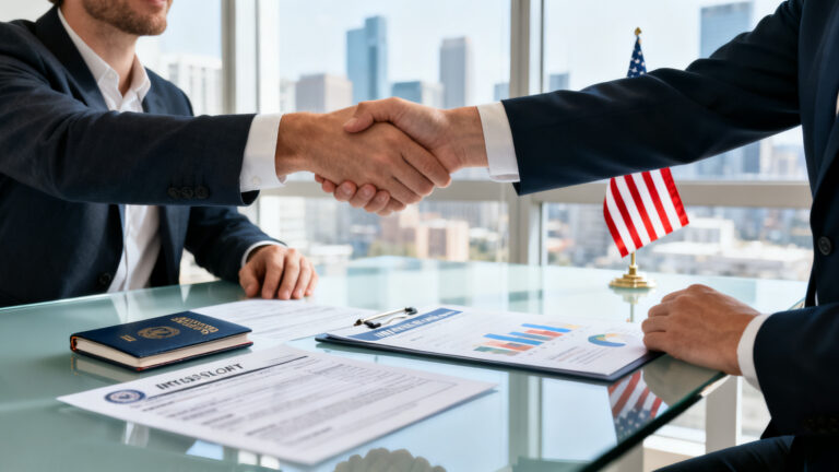 Dirigeant comparant options du visa entrepreneur USA avec un conseiller