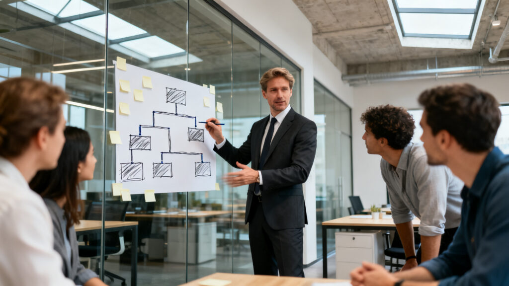 Dirigeant présentant un organigramme pour justifier un L-1A