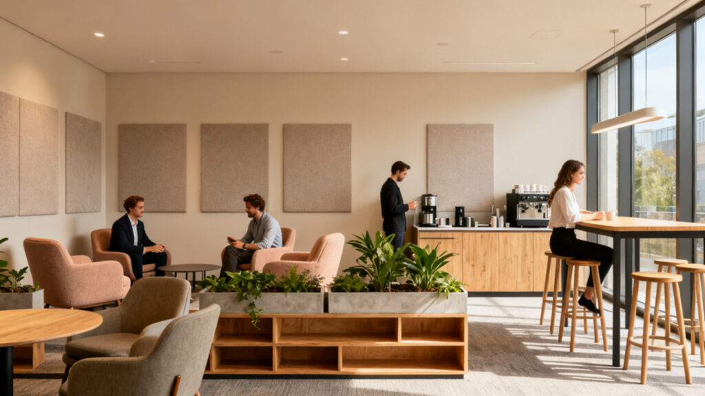 Zoning en open space avec zones repos et café