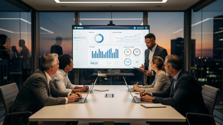 Dirigeant analysant un datawharehouse sur un tableau de bord