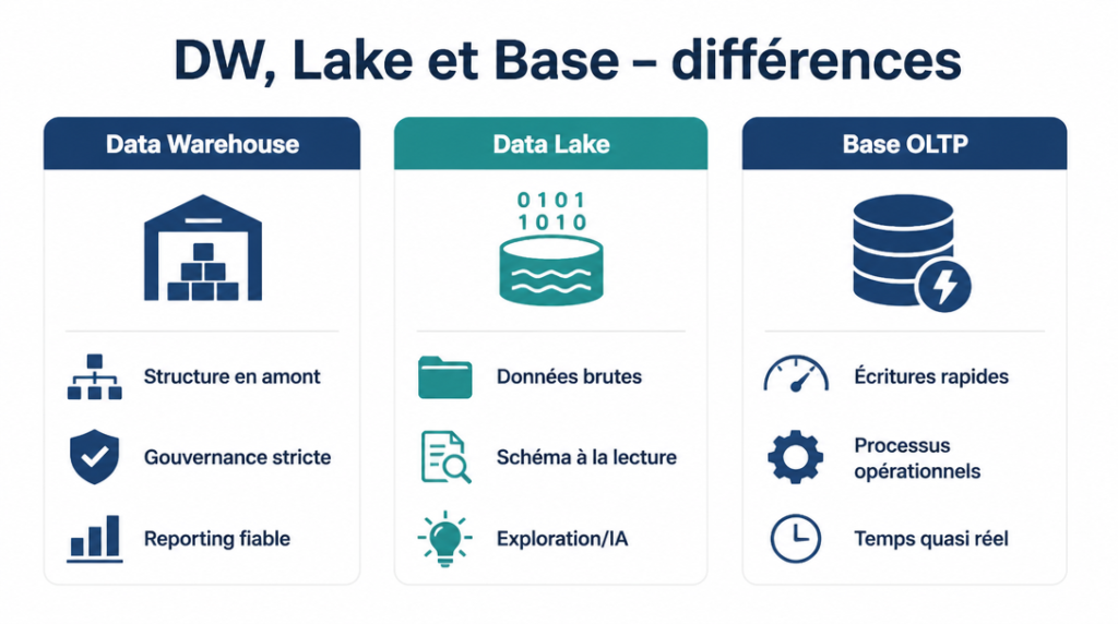 Comparatif DW, data lake et base OLTP en trois colonnes