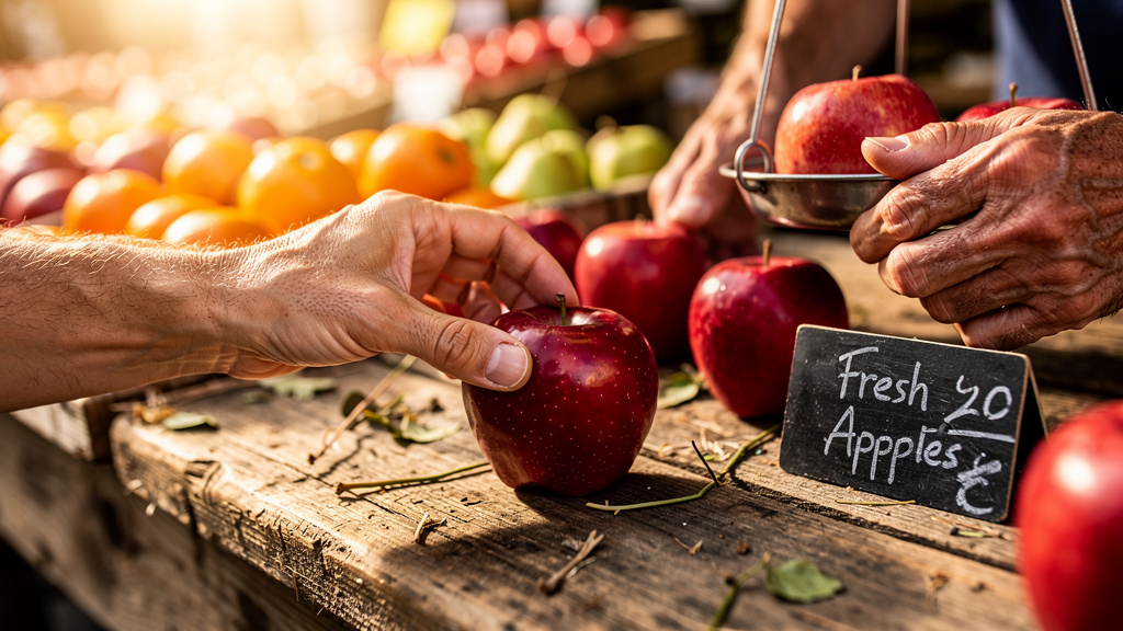 Choix de pommes au stand, saisonnalité et prix affiché