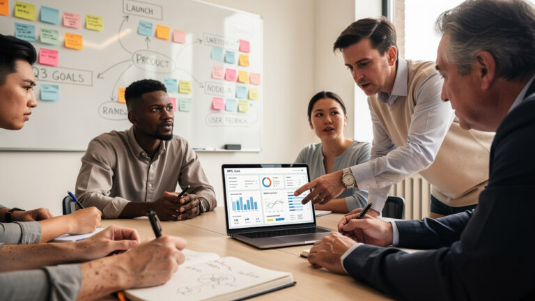 Équipe en mentorat dans un incubateur, tableau blanc et KPI