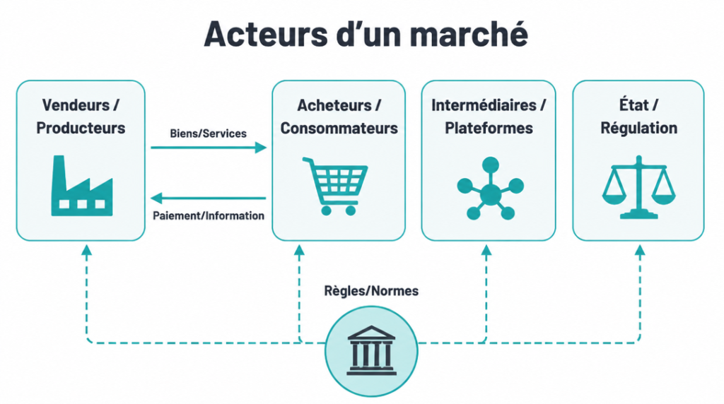 Acteurs du marché reliés par biens, services, paiements et règles