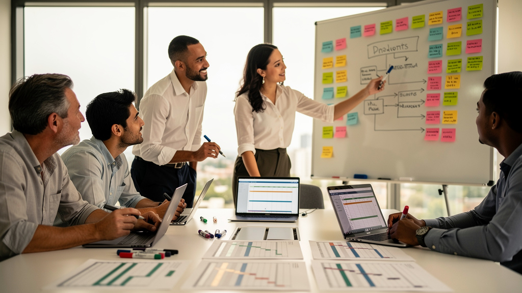Équipe construisant un rétroplanning sur un tableau Gantt