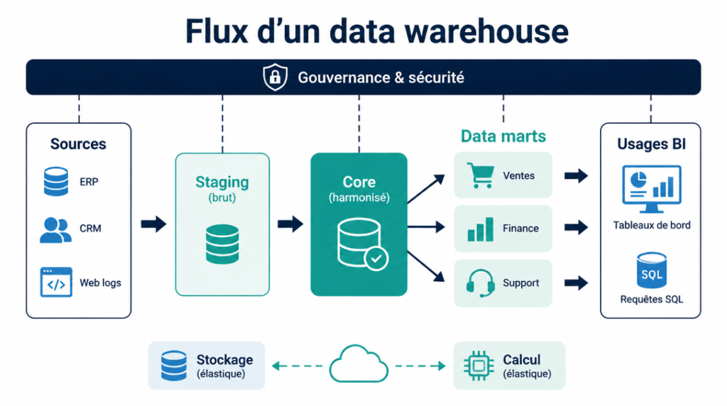 Flux ingestion, staging, core, marts et BI avec gouvernance