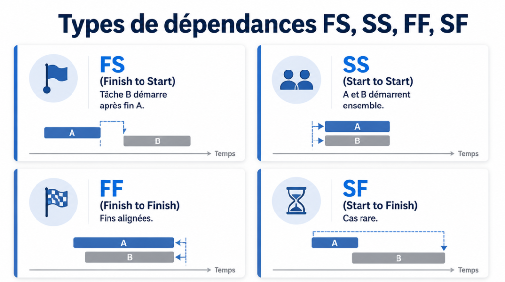 Schéma des dépendances tâches FS SS FF SF
