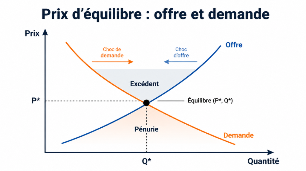 Schéma offre-demande et prix d’équilibre, pénurie et excédent