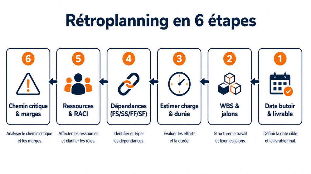 Récapitulatif visuel des 6 étapes du rétroplanning