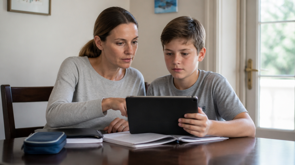 Parent vérifiant le suivi scolaire sur espace parent