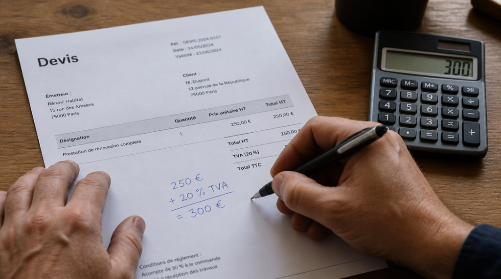 Calcul de TVA à 20 % sur un devis HT