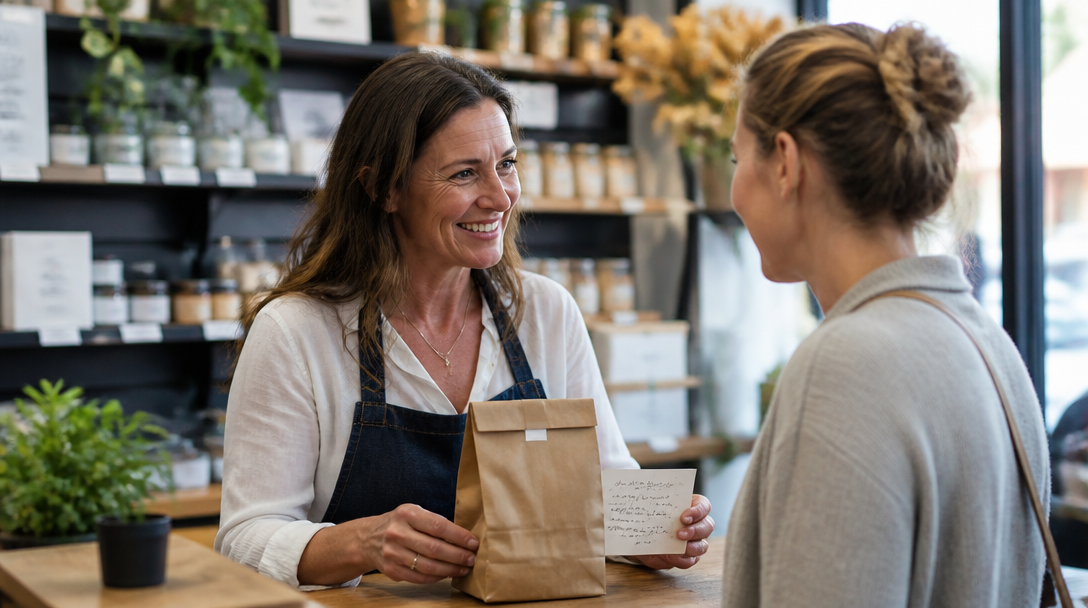 Dirigeante échangeant pour fidéliser un client en boutique