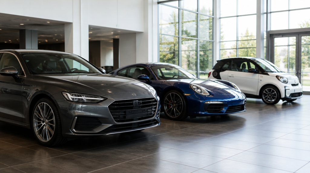 Constructeurs automobiles en A dans un showroom lumineux