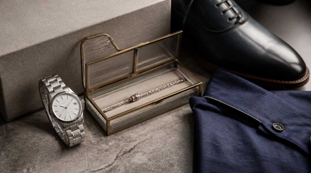 Montre et bijoux illustrant les marques de luxe en T