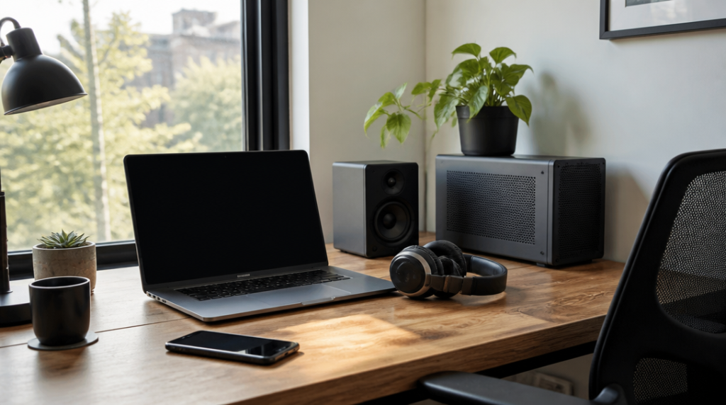Marques informatiques en A sur un bureau moderne