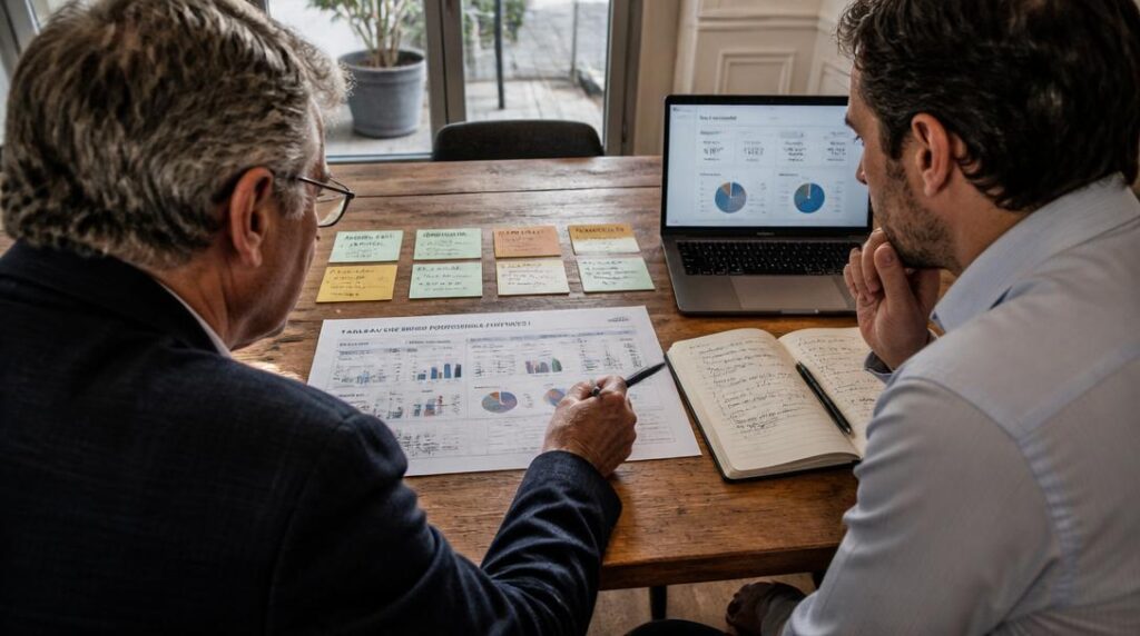 Dirigeante analyse un portefeuille de projets