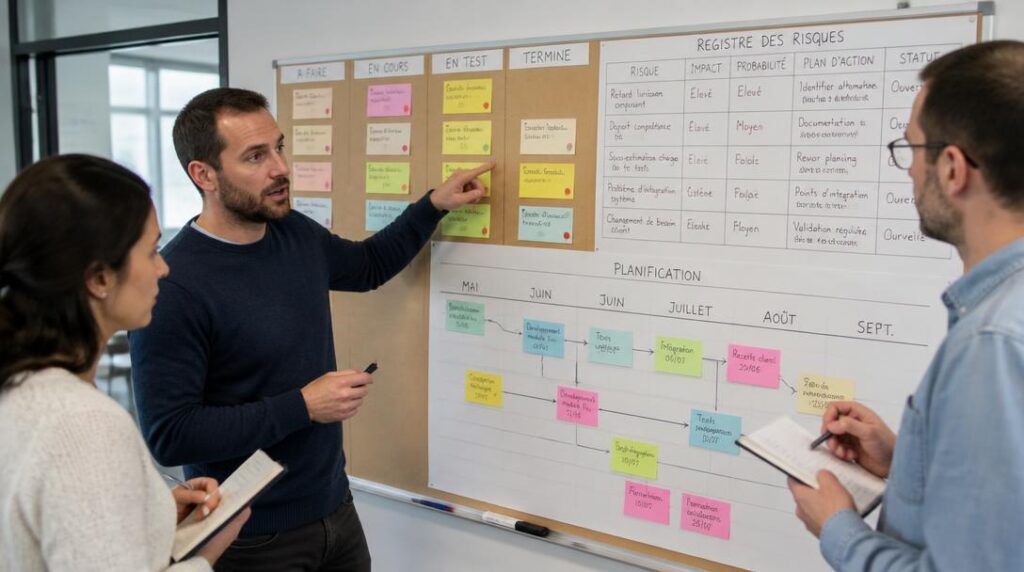Équipe préparant un planning et les risques projet