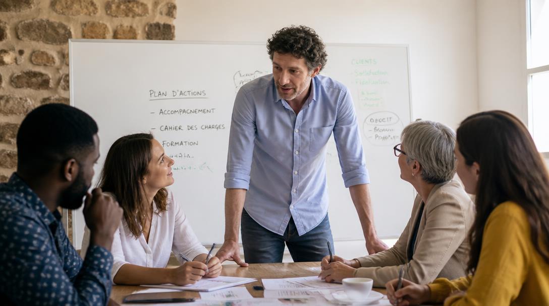 Formation management avec manager et équipe en atelier