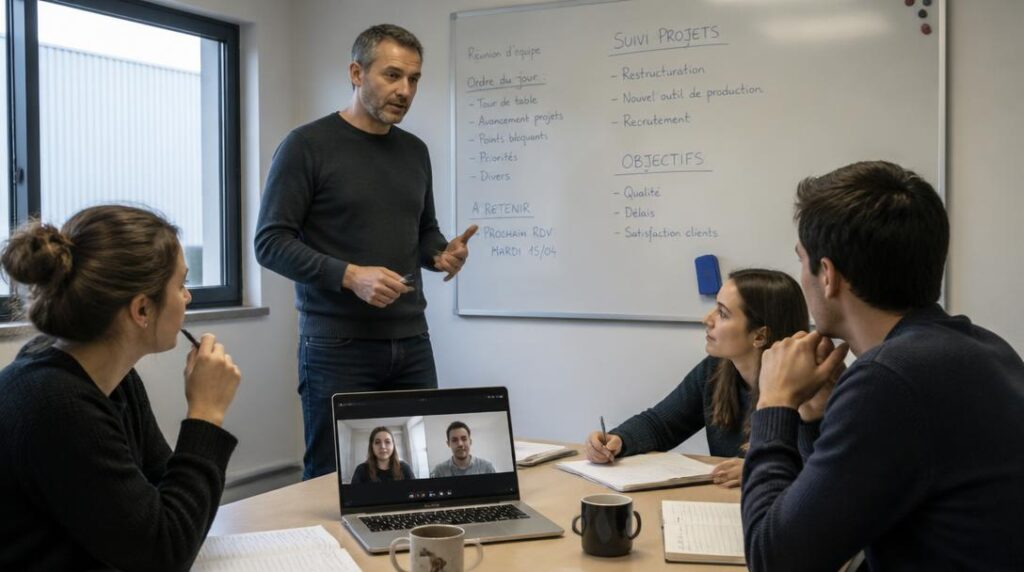 Réunion d'équipe en management hybride à distance
