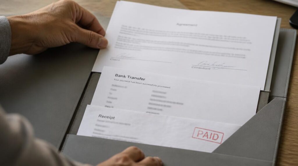 Original signé et preuve de versement bancaire