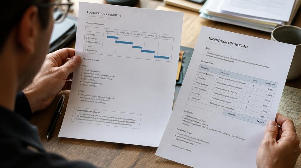 Dirigeante vérifiant périmètre et planning de prestation