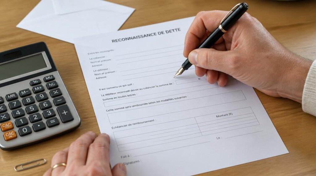 Main remplissant une lettre de reconnaissance de dette